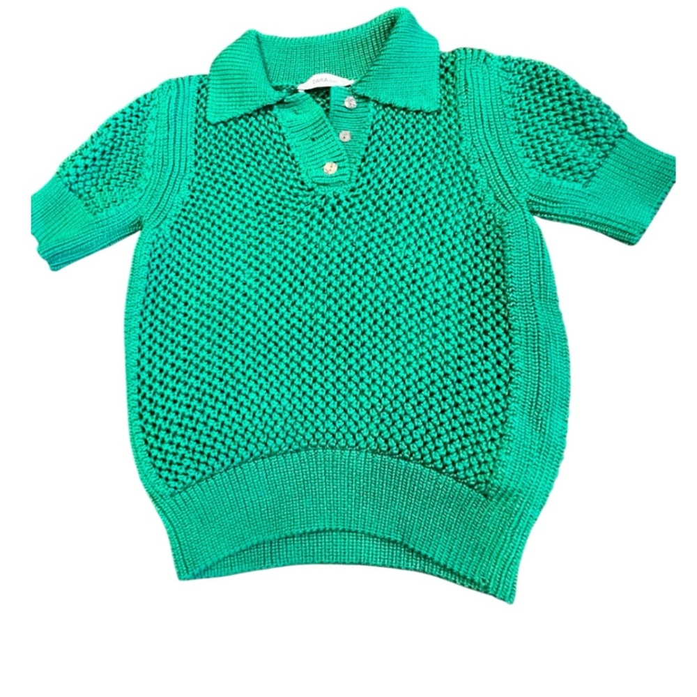 ZARA Knit Emerald Green Textured Short-Sleeve Polo Sweater – Size M
